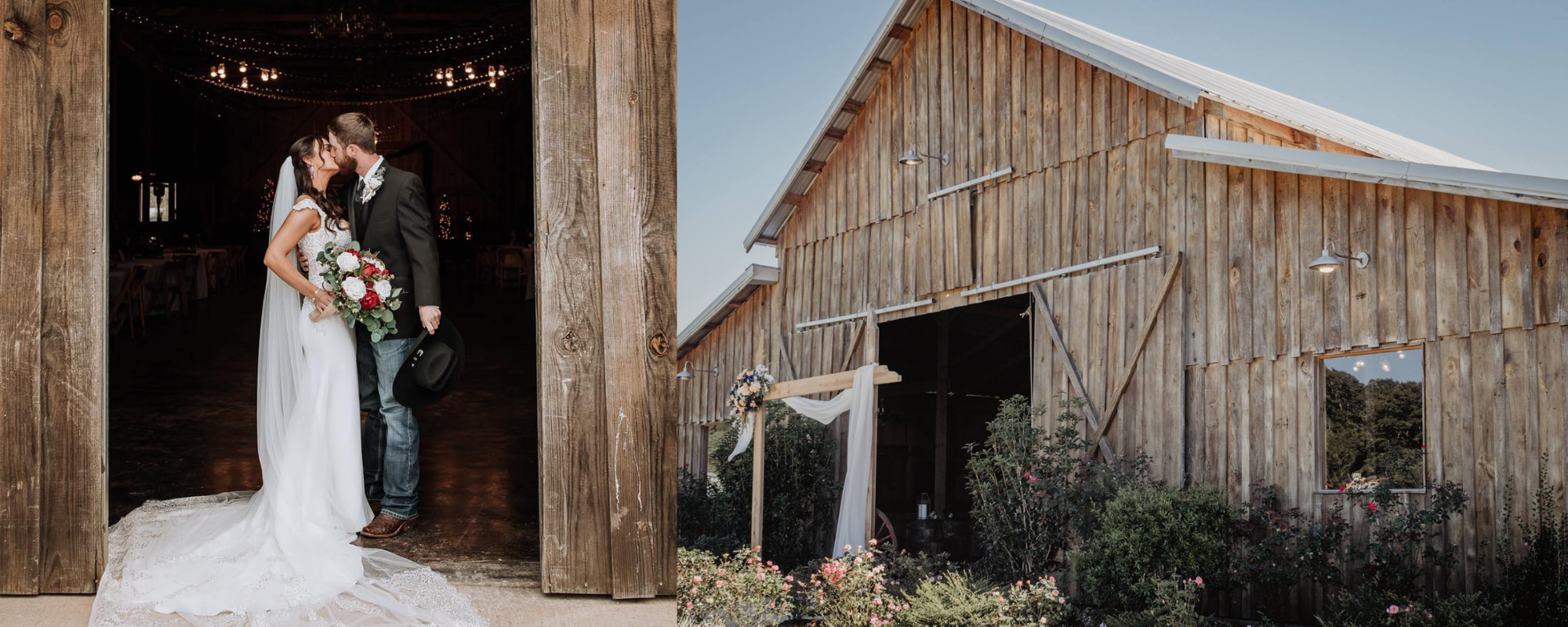 bride and groom kissing and rustic barn exterior view